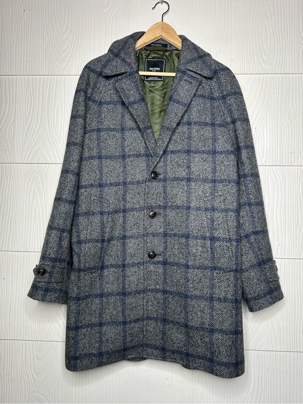 Todd Snyder Gray Herringbone Pea Coat with Blue Windowpane